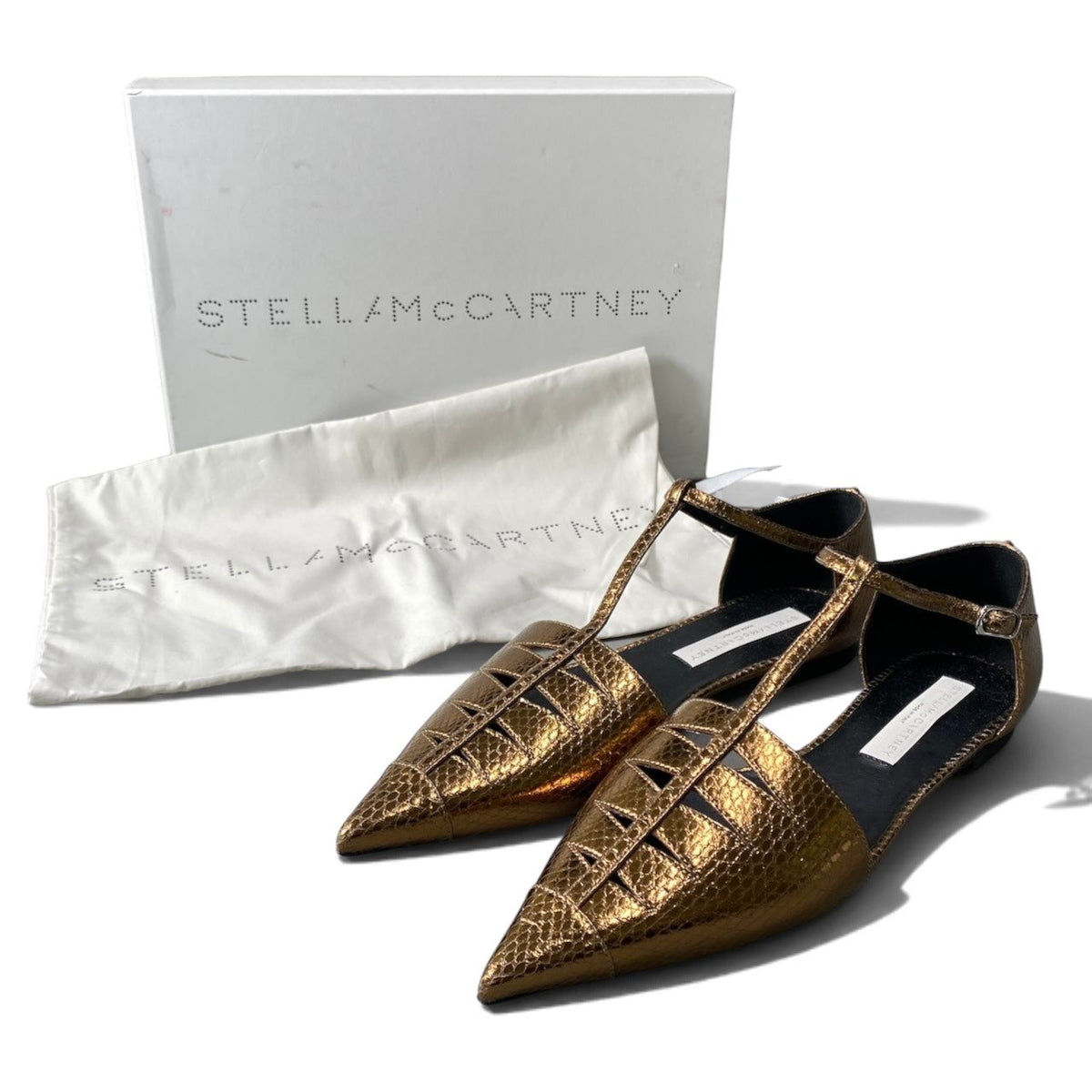 h13【美品】STELLAMcCARTNEY パイソン型押し Tストラップフラットシューズ 38サイズ ゴールド レザー レディース 女性用k02i