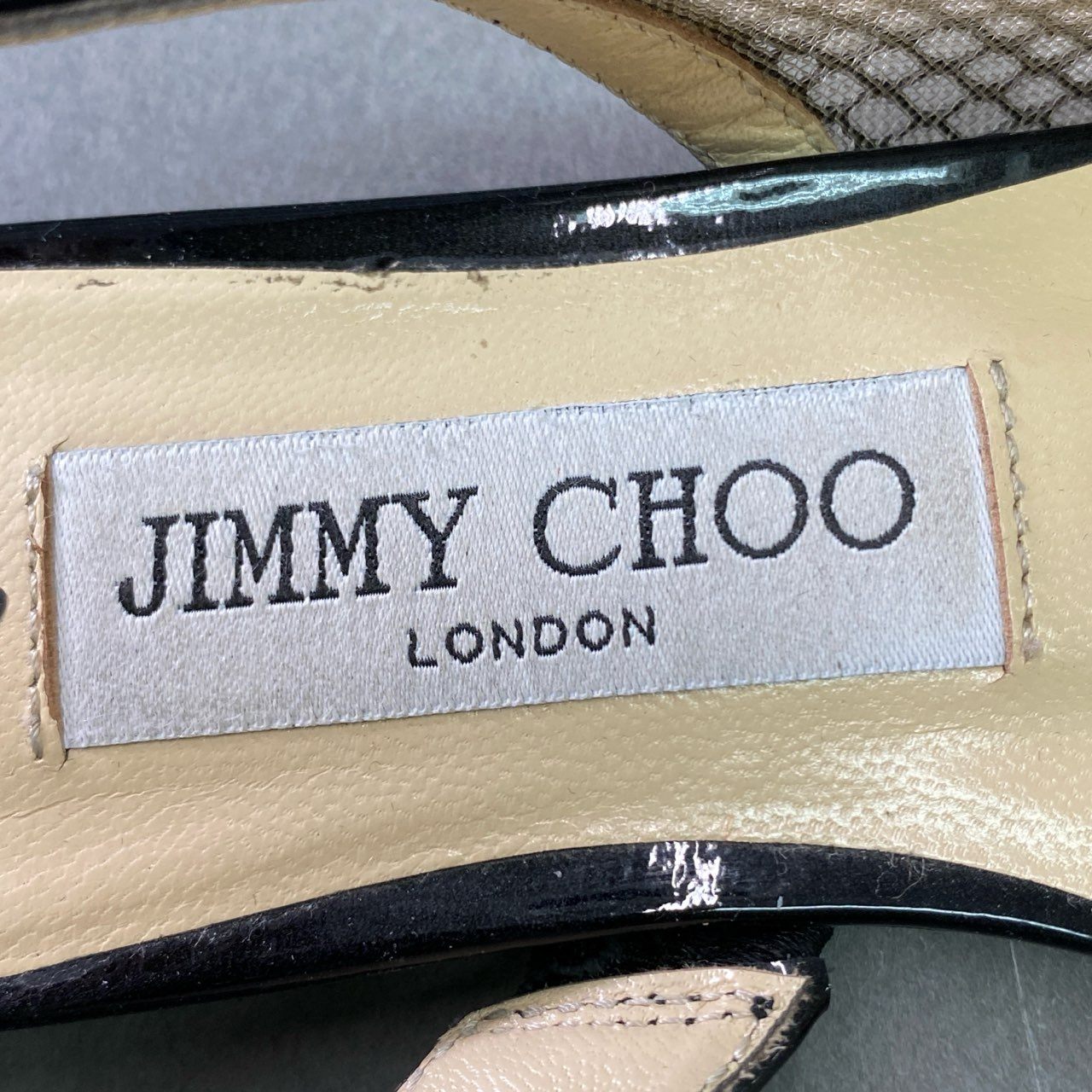 2f23 JIMMY CHOO ジミーチュウ メッシュ エナメルフラットシューズ 34 1/2 ブラック パテントレザー パンプス イタリア製 保存袋有