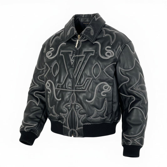 d2 《美品》 LOUIS VUITTON ルイヴィトン エンブロイダリー レザーボンバージャケット Embroidered Leather Bomber Jacket サイズ52 ブラック 牛革 超希少t18r
