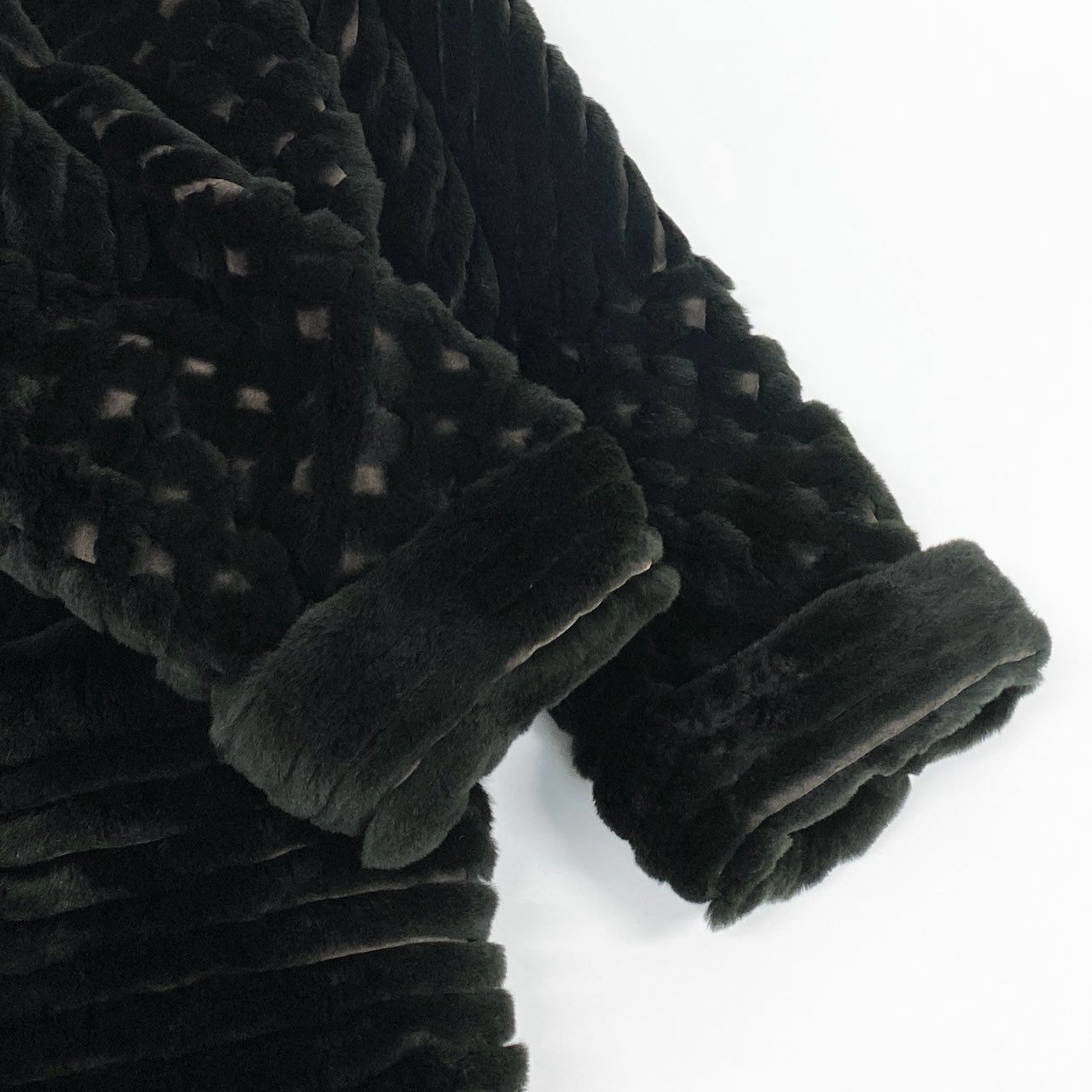 27L1 MONDEREVE シェアードリアルファー ロングコート サイズF ブラック 本毛皮 レアデザイン 格子柄 ポケット有t18r