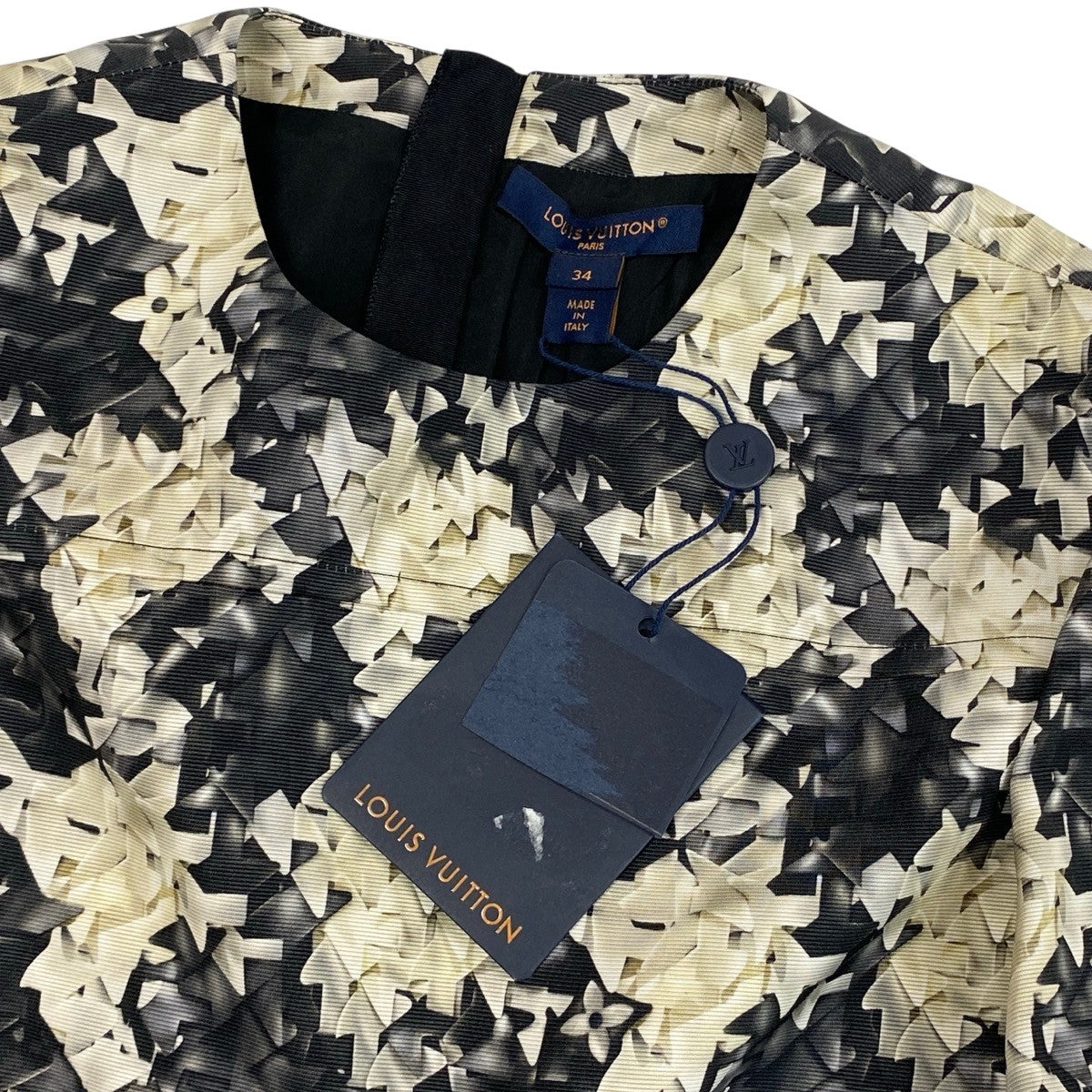 h28 《未使用品》 LOUIS VUITTON ルイヴィトン 2024年 半袖ワンピース 総柄ワンピース ひざ丈 FQRO79 34 ブラック ホワイト シルクu02t