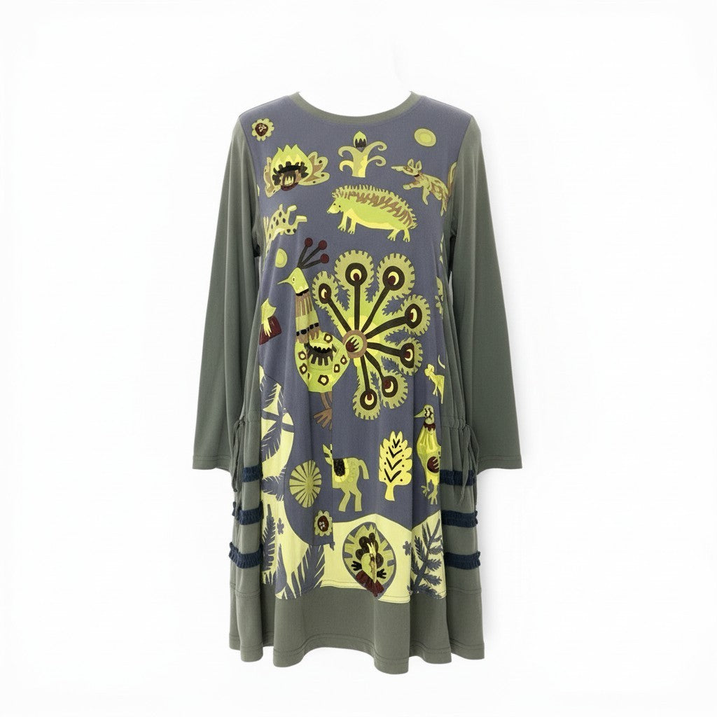 17c2 TOKUKO 1er VOL トクコプルミエヴォル ノースリーブワンピース 膝丈ワンピース アニマルプリント 総柄 ストレッチ レディース 女性服 サイズ9 カーキu02t