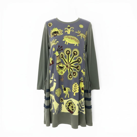 17c2 TOKUKO 1er VOL トクコプルミエヴォル ノースリーブワンピース 膝丈ワンピース アニマルプリント 総柄 ストレッチ レディース 女性服 サイズ9 カーキu02t