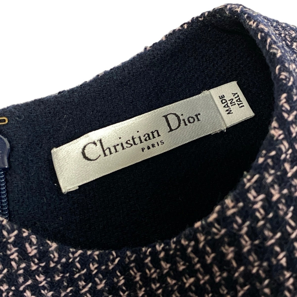 Ej19 【美品】 Christian Dior クリスチャンディオール ツイード ドレスワンピース 5A20609A1142 サイズ34 ネイビー ピンク ウール100％ レディースo07t