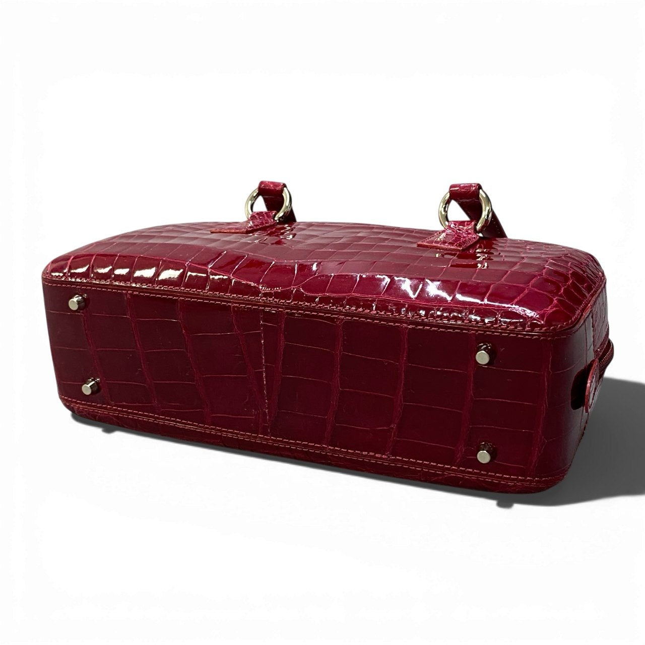 E22《JRA認定》 シャイニングクロコ ハンドバッグ センター取り レッド 本革 クロコダイル Crocodile Bagt18r