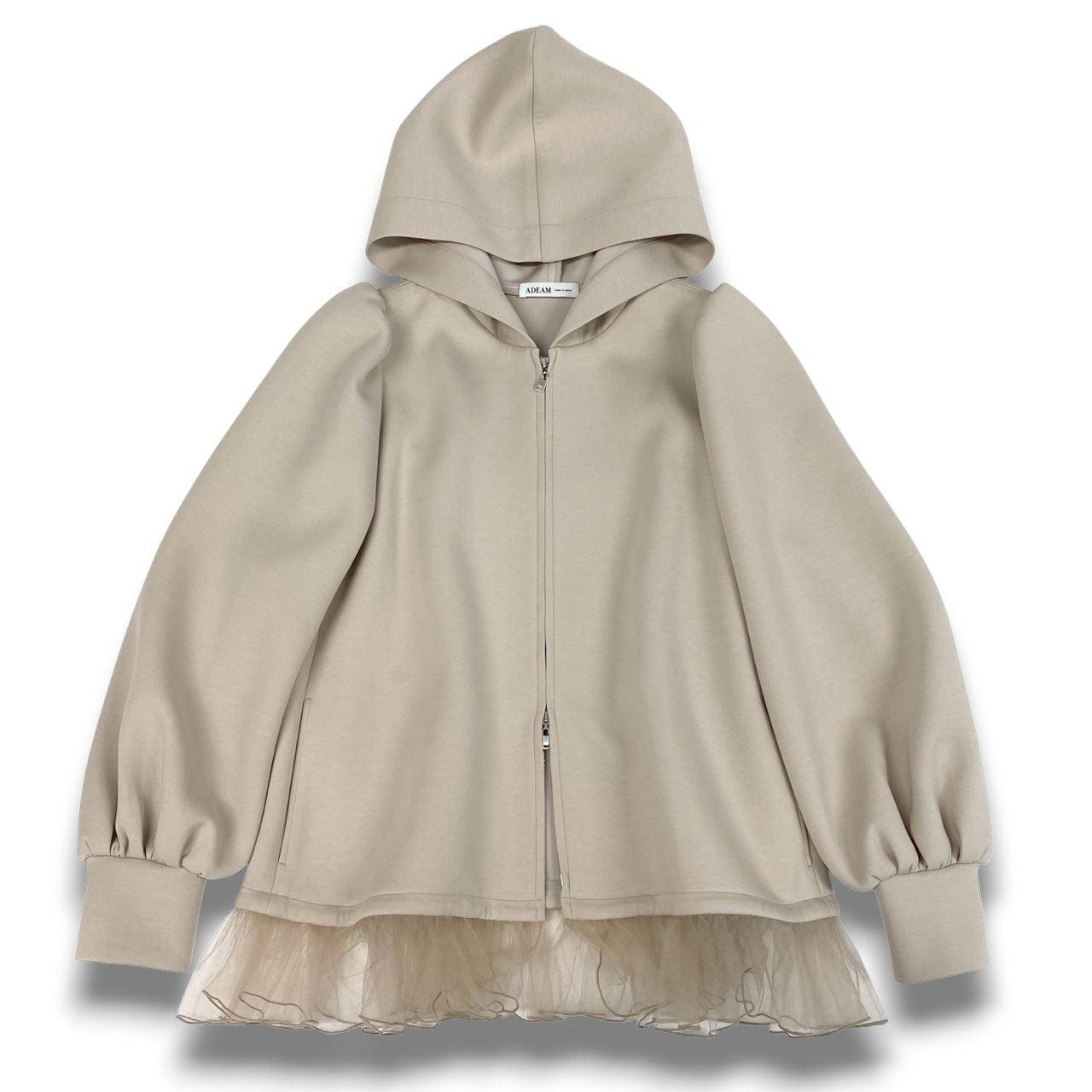 60b22 ADEAM アディアム  24年 カヌレジャケット ダブルジップ パーカー 裾チュール Aライン 伸縮ストレッチ レディース女性服 45065 サイズ2 ベージュu02t