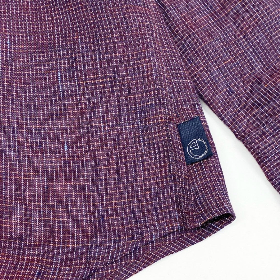 31a26 ARMANI COLLEZIONI アルマーニコレツィオーネ ノーカラーシャツ 長袖 チェック柄 比翼ボタン S パープル メンズ 男性用o07t