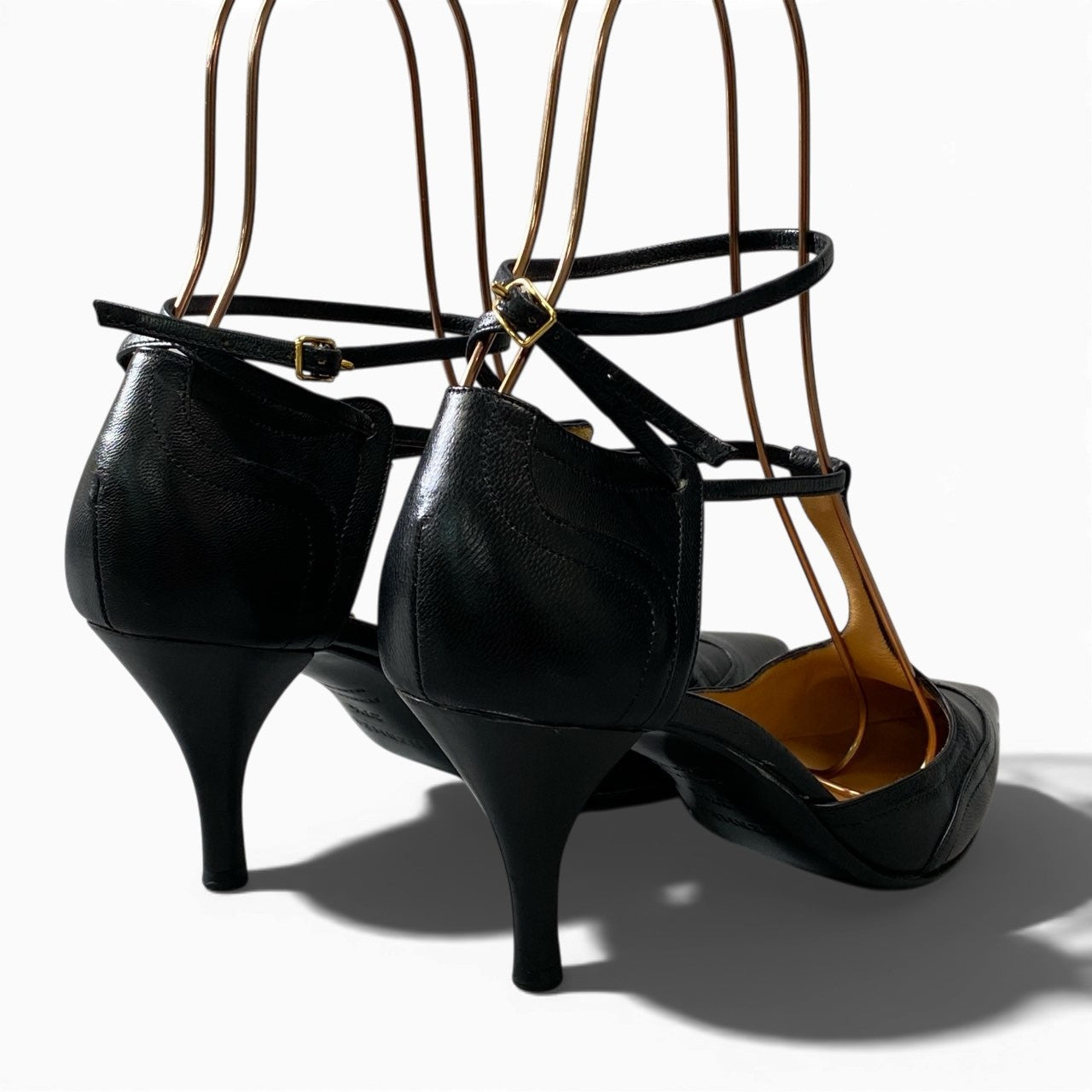 1a6 HERMES エルメス ポインテッドトゥ パンプス ヒールパンプス サンダル シューズ 37.5 ブラック レザー レディース 女性用k02i