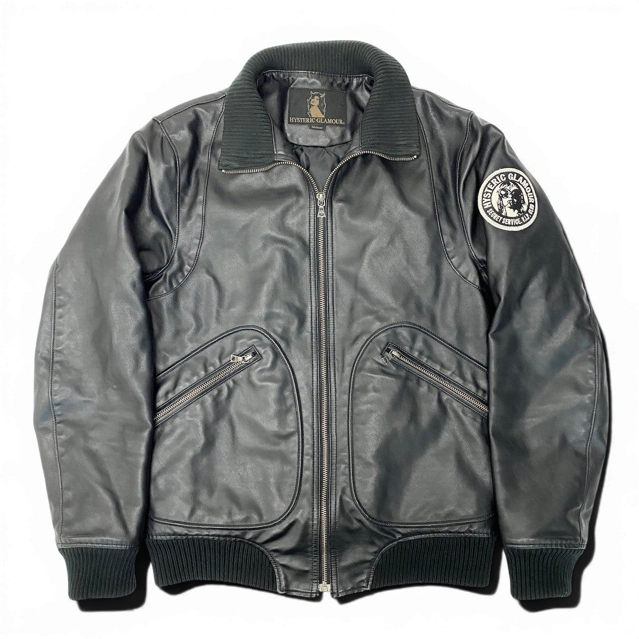 39e11 HYSTERIC GLAMOUR ヒステリックグラマー プリマロフトニューレイドツイル ジップアップ リブブルゾン 中綿 レザージャケット 0224AB04 サイズM ブラック メンズ 紳士服o07t