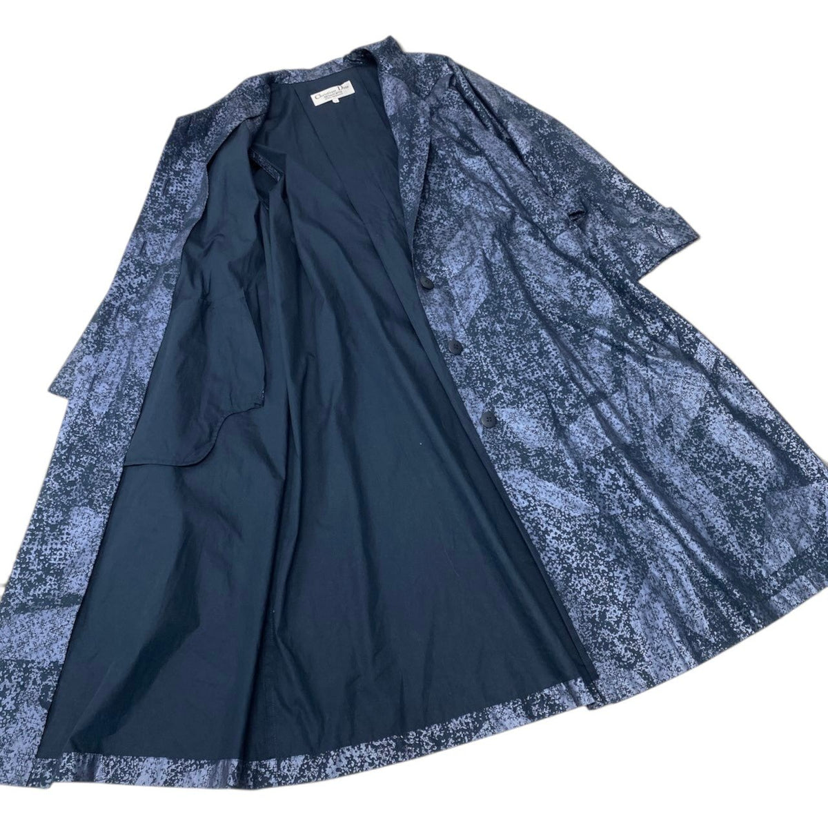 56i16 Christian Dior クリスチャンディオール スタンドカラーコート ロングコート ベルト付 総柄 サイズ7 ネイビー コットン100％ レディースo07t