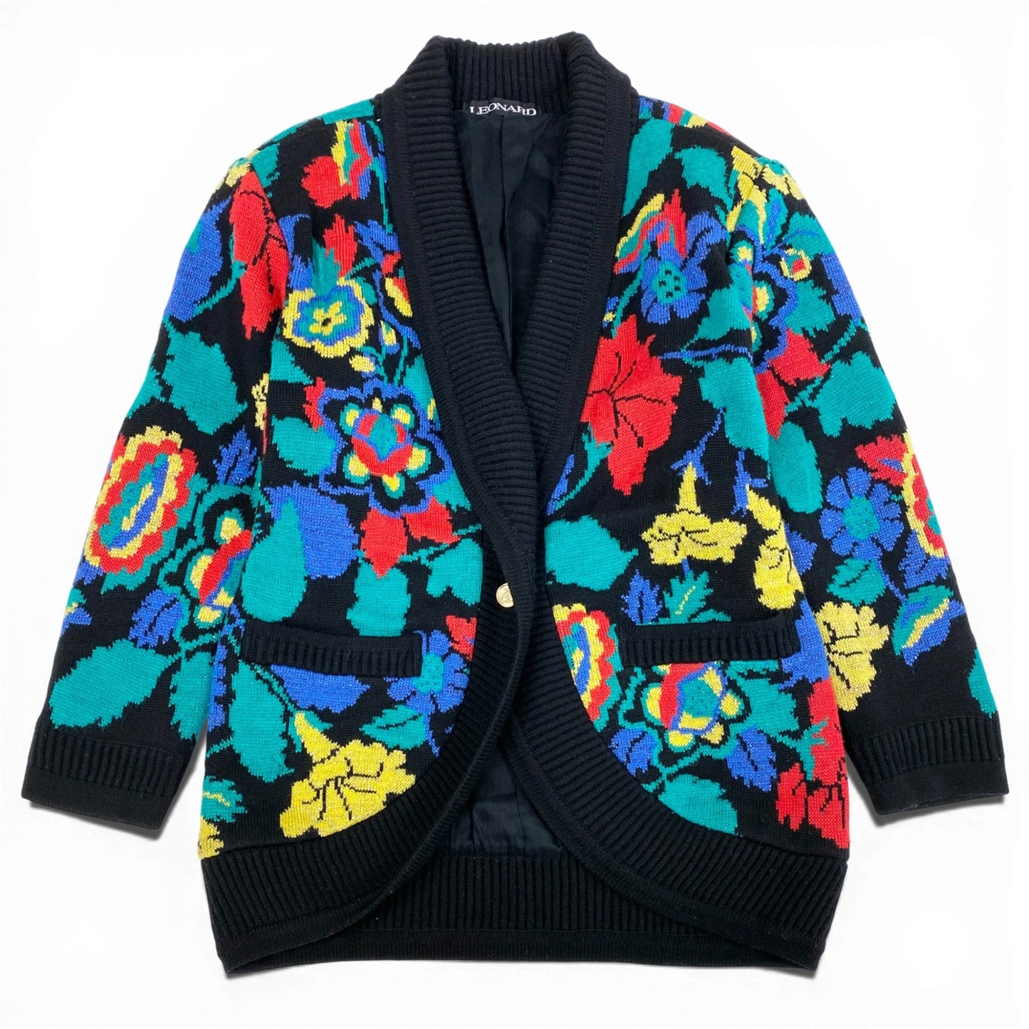 35L19 LEONARD レオナール ニットカーディガン 花柄 ライトアウター M ブラック レディース 女性用o07t