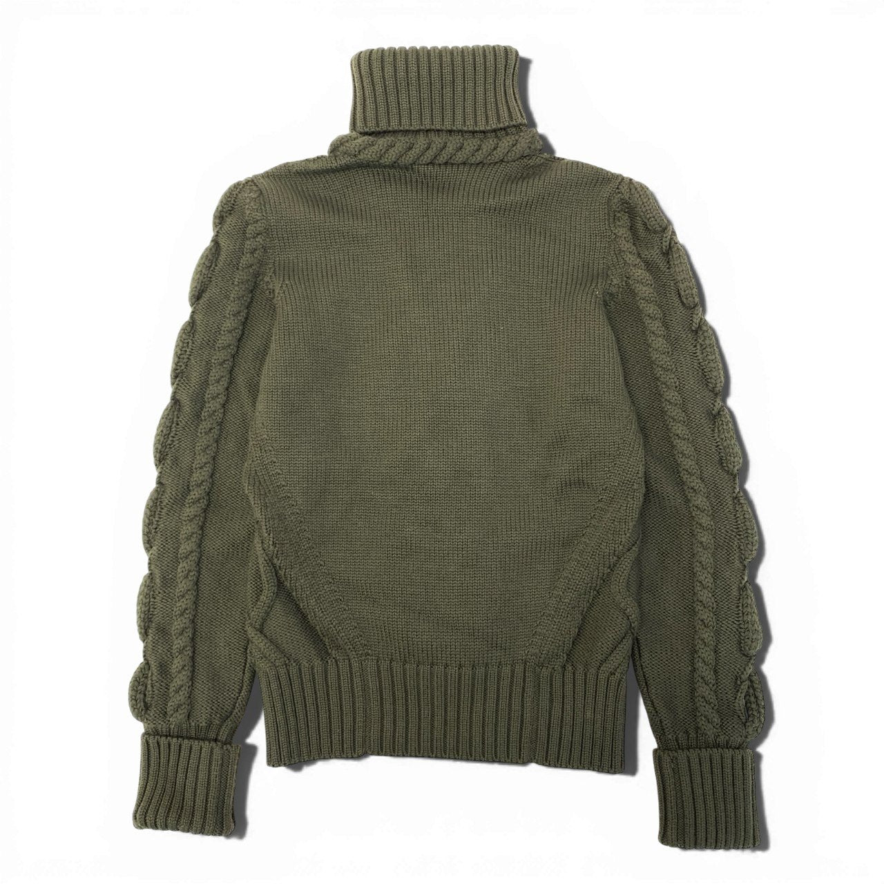 72a28【美品】Salvatore Ferragamo サルヴァトーレフェラガモ ケーブルニットセーター ハイネックニットセーター トップス Lサイズ カーキ ウール100％ レディース 女性用u02t