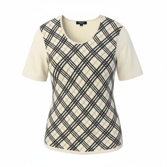 59d28 BURBERRY LONDON バーバリー 半袖 ニットセーター コットンニット チェック柄 サイズ13 アイボリー系 綿100％ レディース 女性用u02t