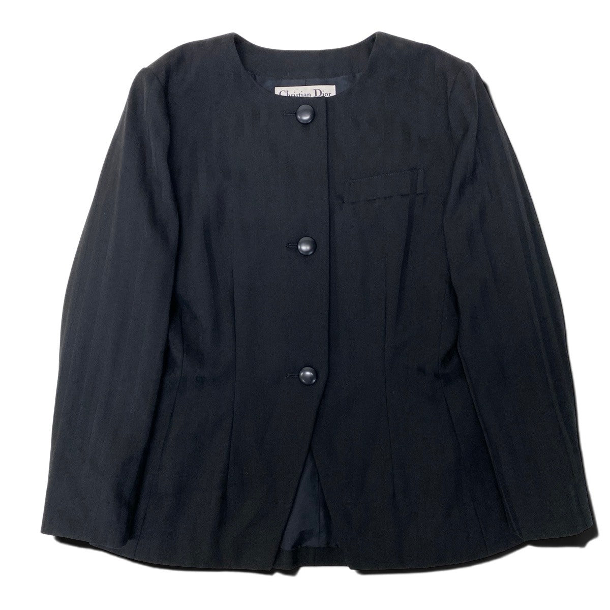 77h18 Christian Dior クリスチャンディオール ノーカラージャケット ウールジャケット ストライプ柄 フォーマル サイズ9 ブラック レディースo07t