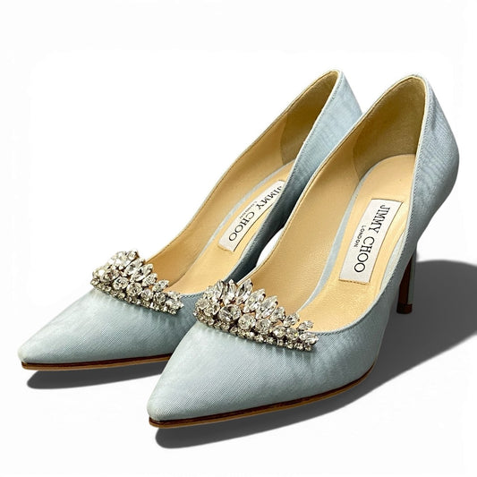 2a23 《極美品》 JIMMY CHOO ジミーチュウ ROMY85 クリスタルティアラ パンプス サイズ37 ブルー Crystal Tiara シューズt18r