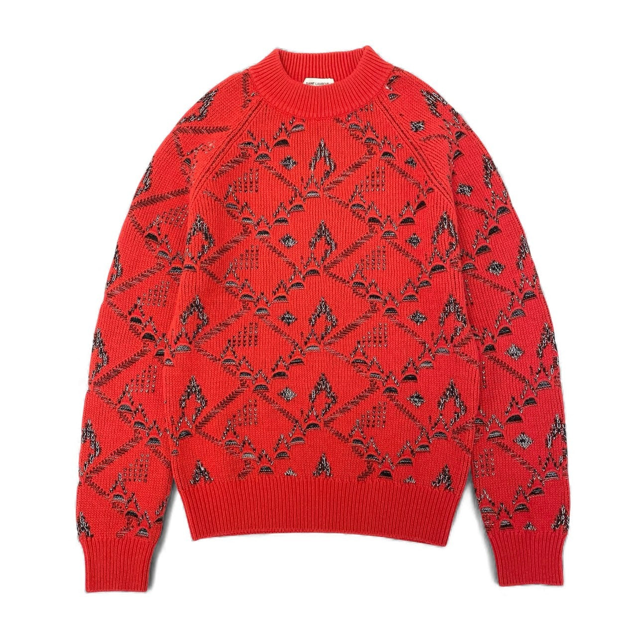 27L1 SAINT LAURENT PARIS サンローラン パリ カシミヤ混 18AW フローラル ジャガード ニットセーター サイズXS レッド メンズk02i