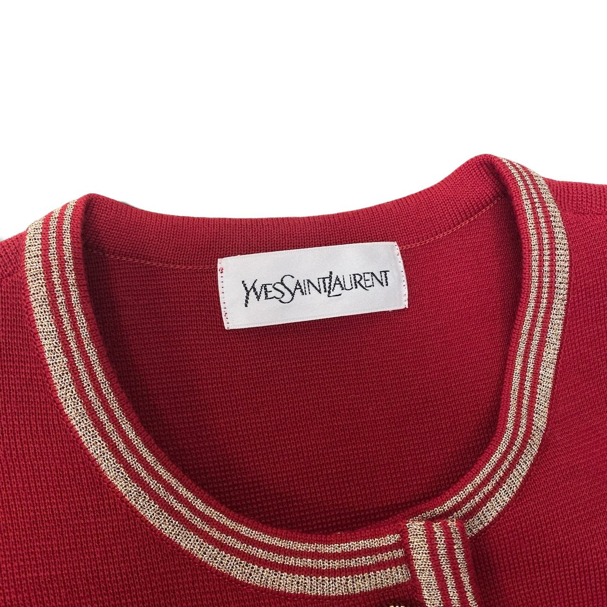 53i26 YVESAINTLAUREN イヴサンローラン ロングスリーブカーディガン ニットセーター YSLロゴボタン  Mサイズ レッド ゴールド ウール100％ レディース 女性用u02t
