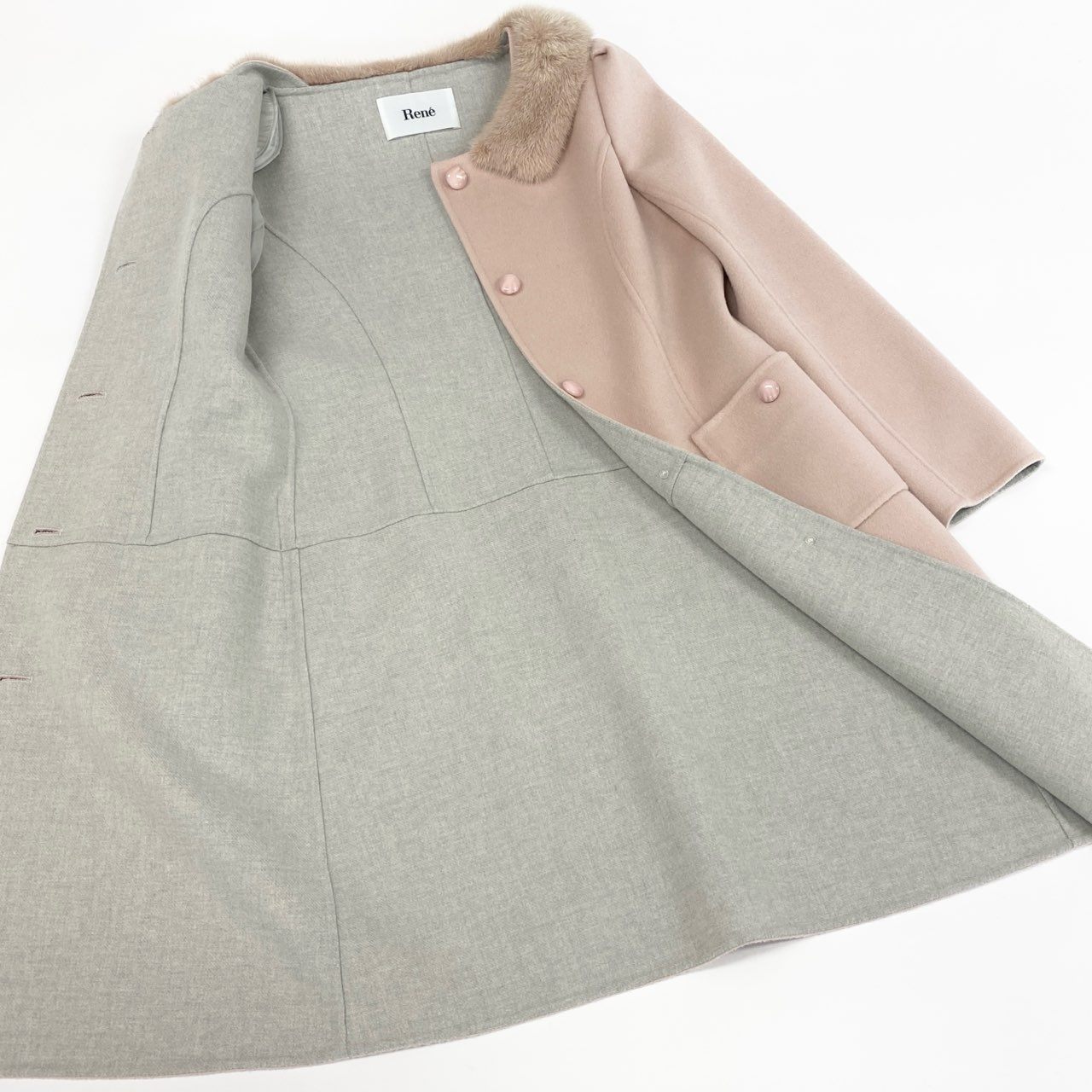 58f20 《美品》 Rene ルネ ミンクファー付き ラグジュアリー ウールコート 36 ピンク グレー 毛皮 アウター 女性服