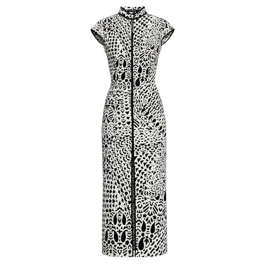 Ed21 LEONARD レオナール 半袖ロングドレスワンピース スリット 幾何学模様 総柄 0170501 Lサイズ ホワイト ブラック レディース 女性用t18r