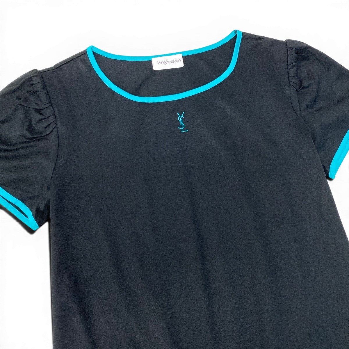 If15 Yves Saint Laurent イヴサンローラン YSLロゴ刺繍 Tシャツ 半袖カットソー トップス Mサイズ ブラック グリーン コットン レディースo07t