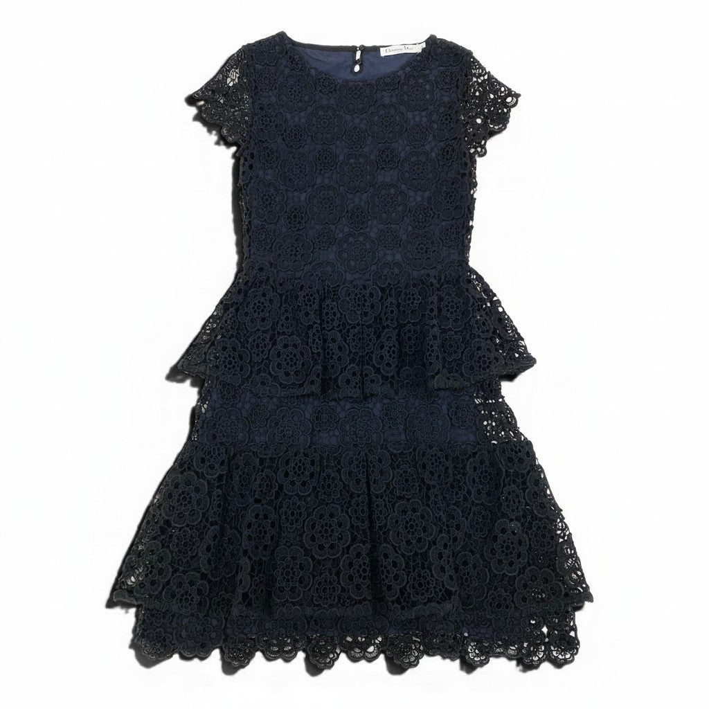 Ed23 Christian Dior クリスチャンディオール フラワーレース ドレスワンピース ティアードワンピース 5C24644AM528  イタリア製 サイズ44 ブラック ネイビー レディース 女性用k02i