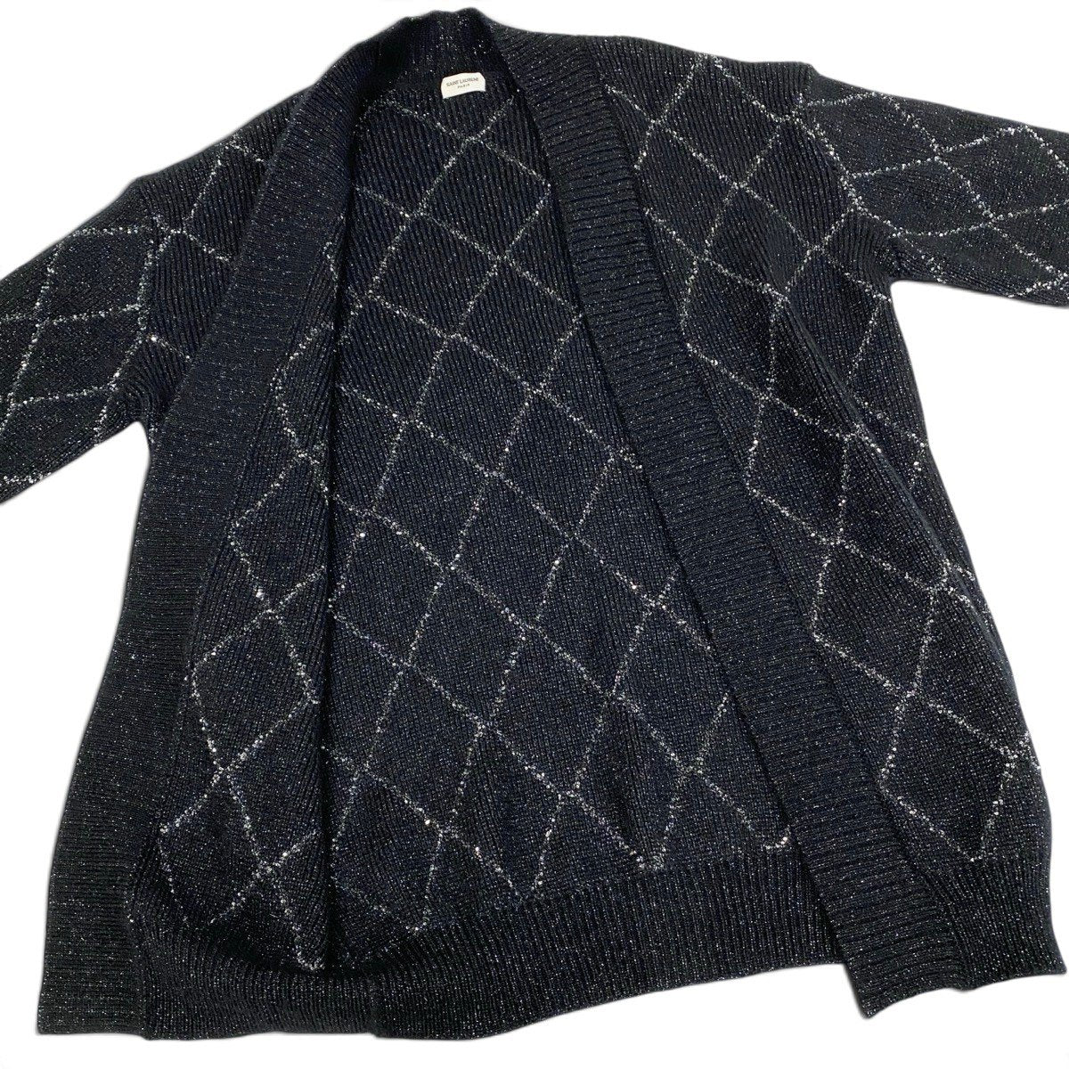 Ei4 【美品】 SAINT LAURENT サンローラン 2022FW スパンコール アーガイル ロングカーディガン サイズM ブラック レディースk02i