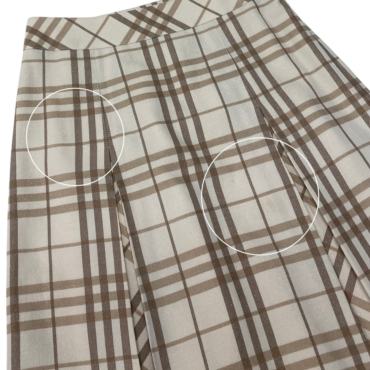 Ig6 BURBERRY LONDON バーバリー ラメ混 タックスカート チェック柄 サイズ34 ベージュ アイボリー ウール レディースo07t