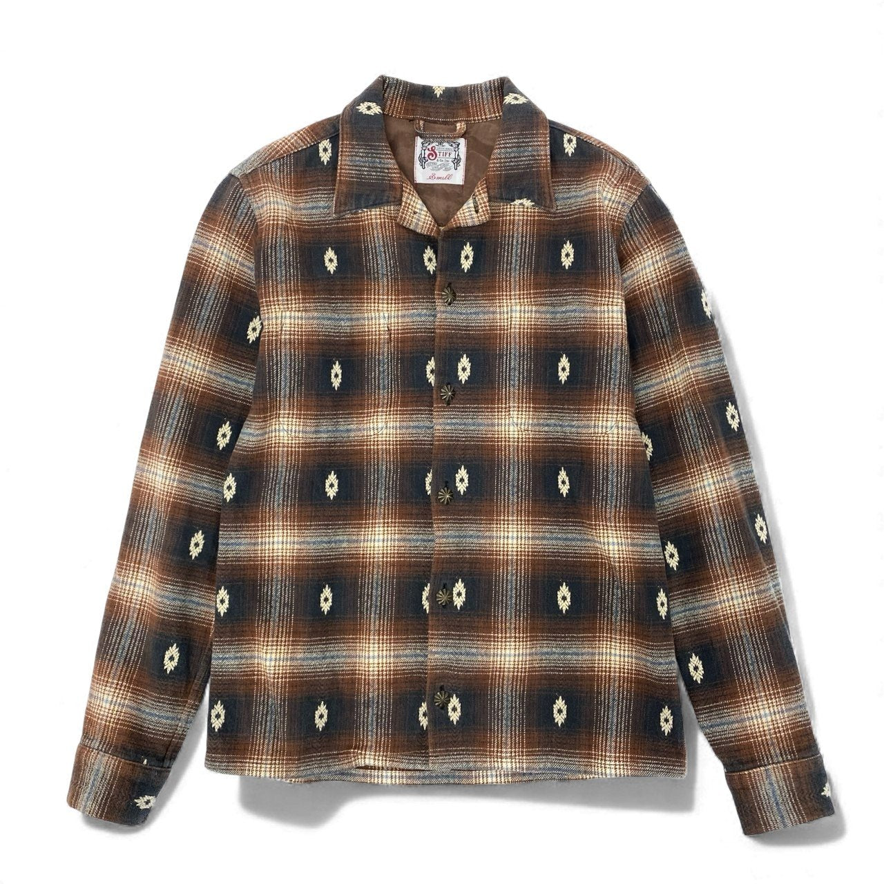 27L1 STIFF スティッフ 長袖 チェックシャツ ネルシャツ コンチョ ネイティブ柄 刺繍  S ブラウン ネイビー オフホワイト コットン100％u02t