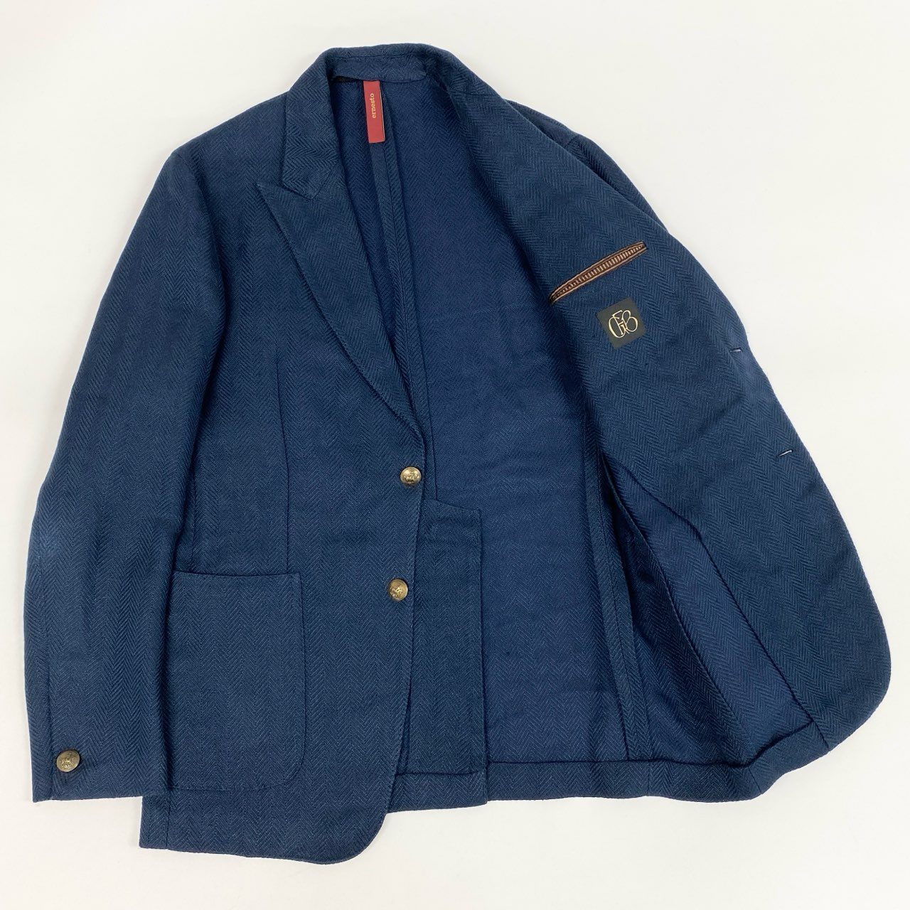 72i3 ERNESTO エルネスト BEAMS F 別注 金ボタン ヘリンボーン ピークドラペル テーラードジャケット ブレザー イタリア製 ビームス 24-16-1153-465 48 ネイビー リネン コットン メンズo07t