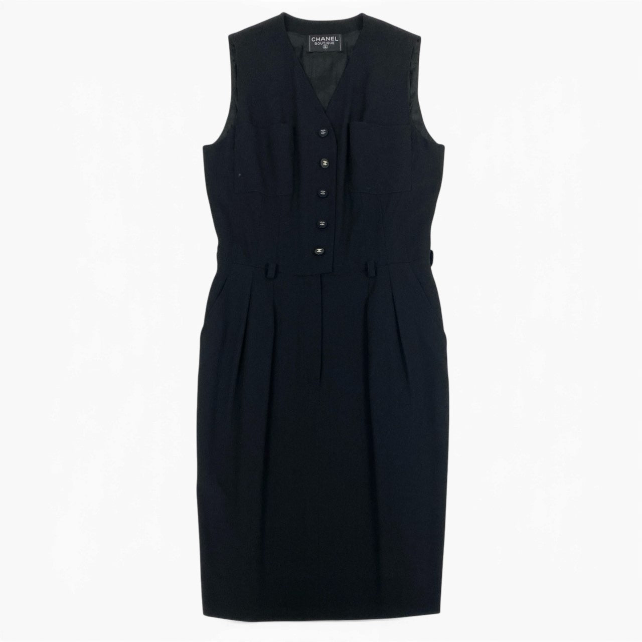 Cb15 CHANEL シャネル ノースリブVネックドレスワンピース ココマーク CC logo buttons One-piece ブラック ウール100％ レディース 女性用ta1