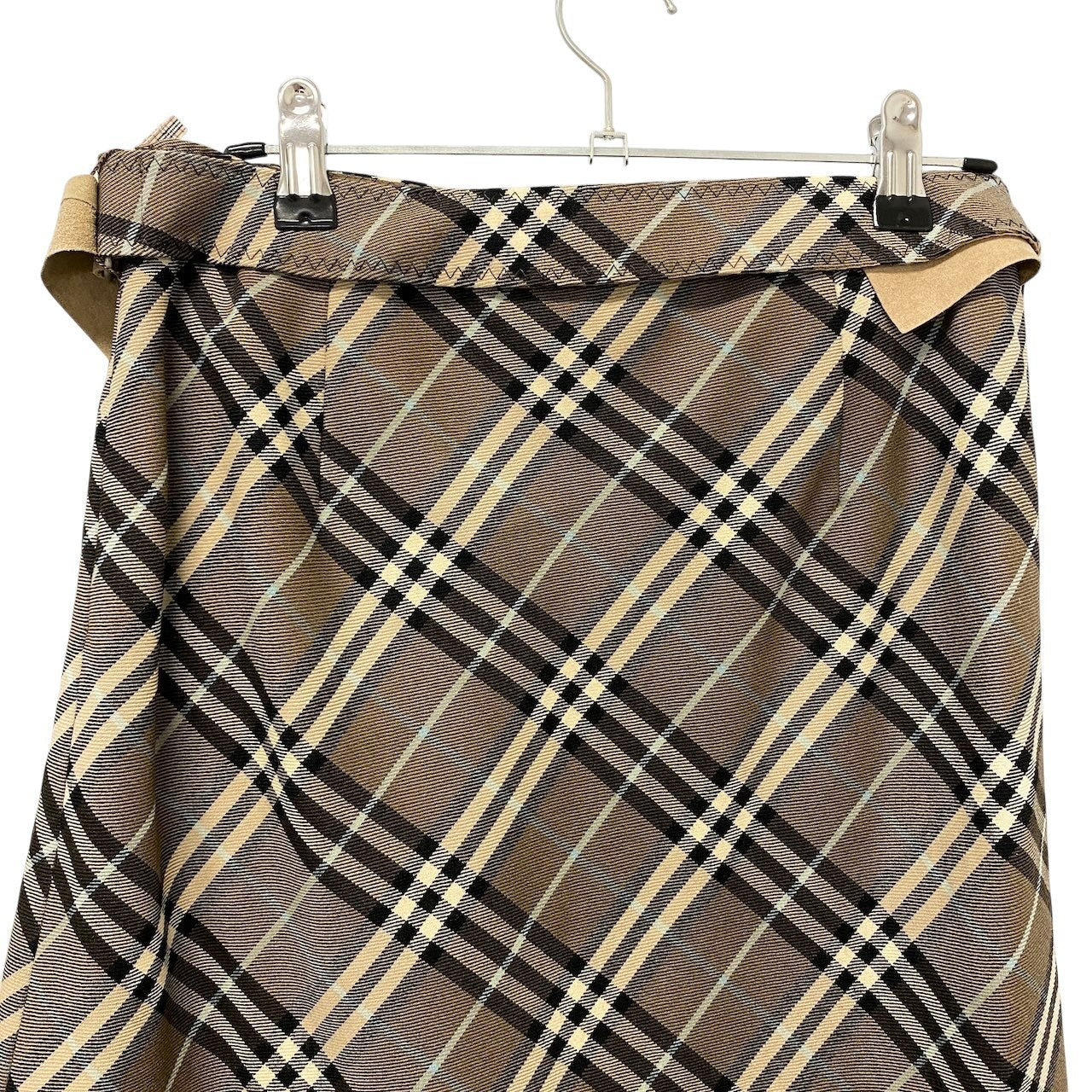 40e18 BURBERRY LONDON BLUE LABEL バーバリーロンドン ブルーレーベル ベルト付 膝丈スカート ノバチェック ウールスカート サイズ38 ブラウン系 レディース 女性用u02t