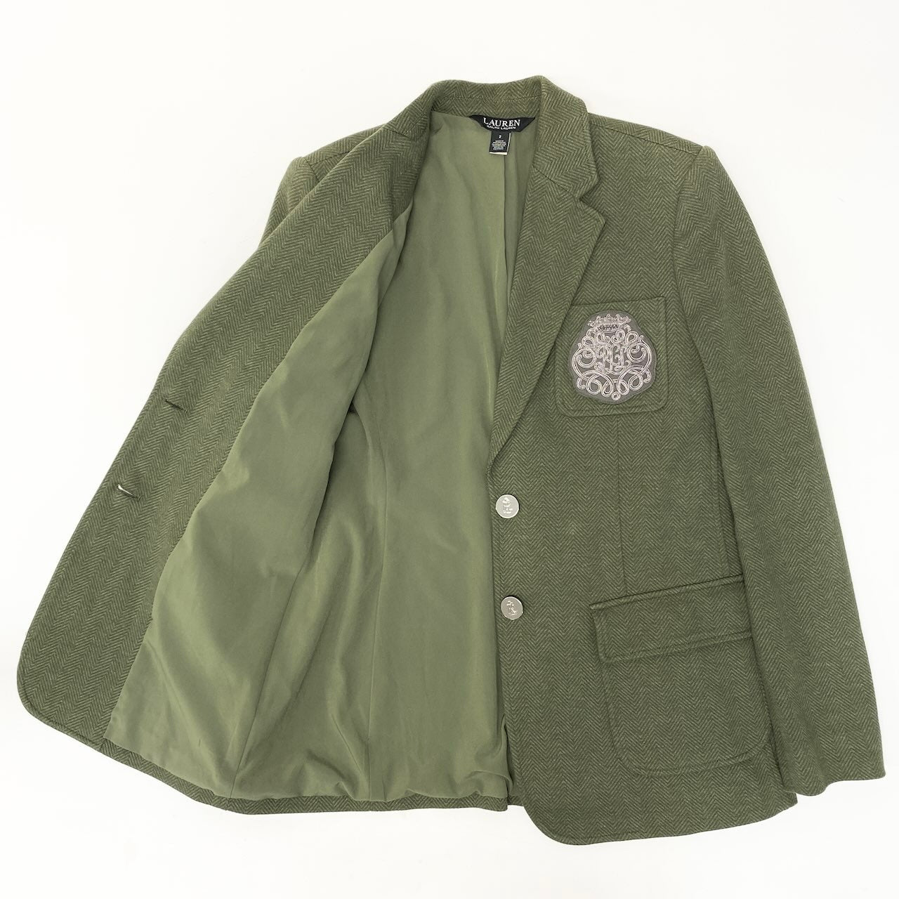 50e8【美品】 LAUREN RALPH LAUREN ローレン ラルフローレン ブリオンストレッチ コットンジャガード ブレザー テーラードジャケット ロゴパッチ 刻印ボタン サイズ２ カーキ レディース 女性用u02t