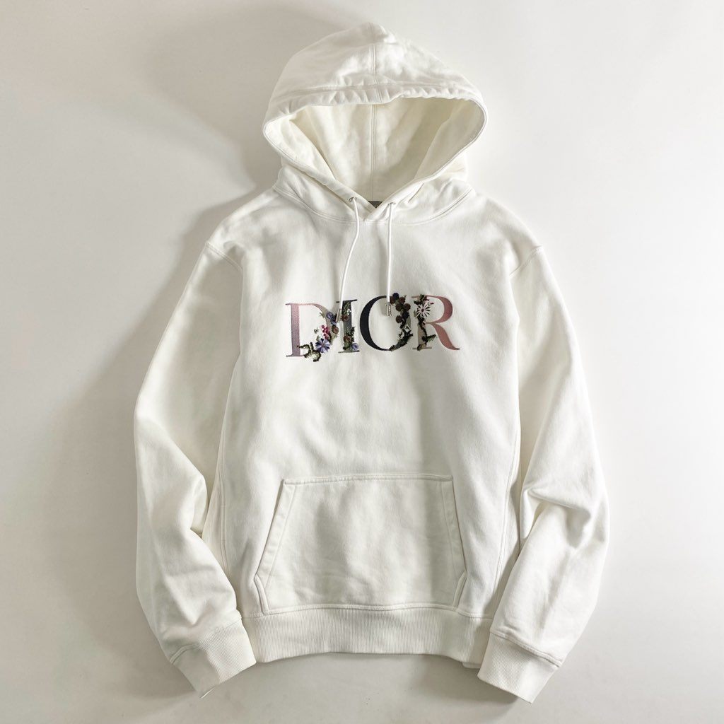 52h13 Dior ディオール Flowers Logo Embroidery Hoodie ロゴプリント プルオーバー パーカー フーディ 113J688A0531 Lサイズ ホワイト コットン イタリア製