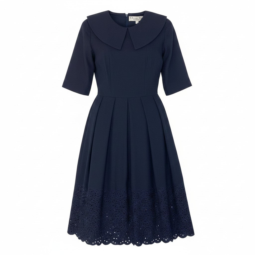 66d27 Christian Dior クリスチャンディオール つけ襟 ロングワンピース 半袖ワンピース 2way 裾レース リネンブレンド サイズ7 ネイビー レディース 女性用u02t