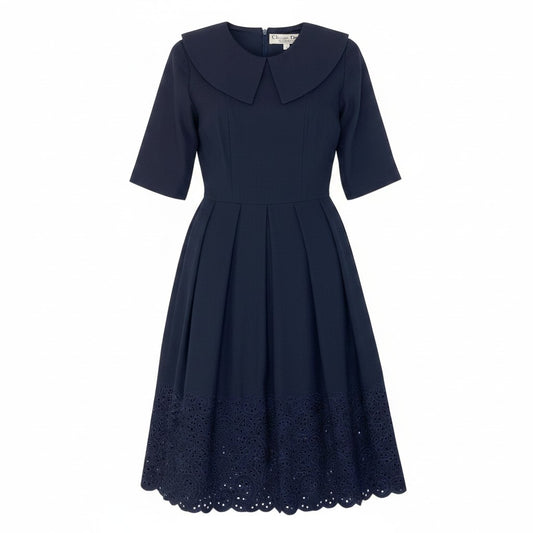 66d27 Christian Dior クリスチャンディオール つけ襟 ロングワンピース 半袖ワンピース 2way 裾レース リネンブレンド サイズ7 ネイビー レディース 女性用u02t