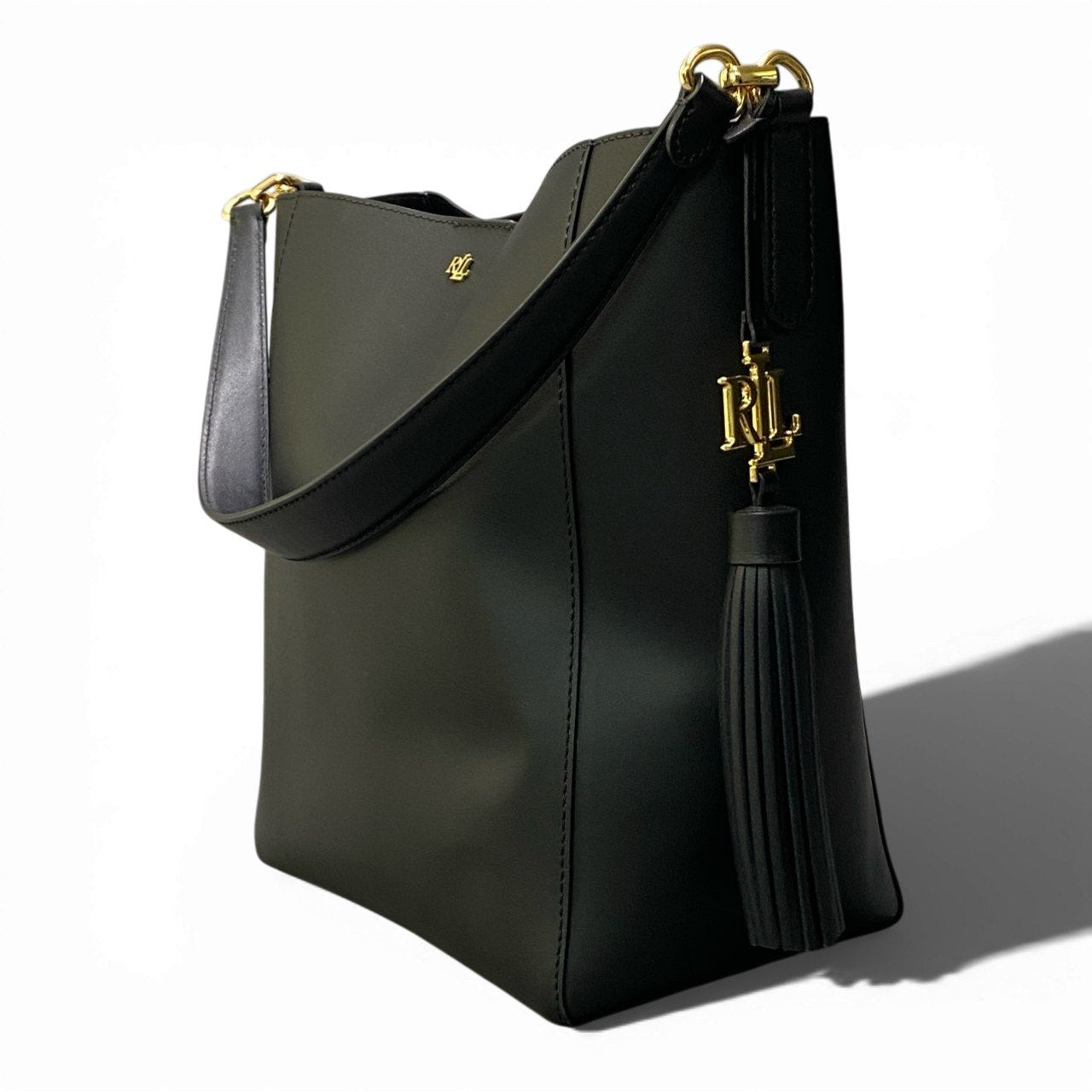 Ab20 LAUREN RALPH LAUREN ラルフローレン ロゴタッセル付き 2WAYレザートートバッグ ブラック ショルダーストラップ有t18r
