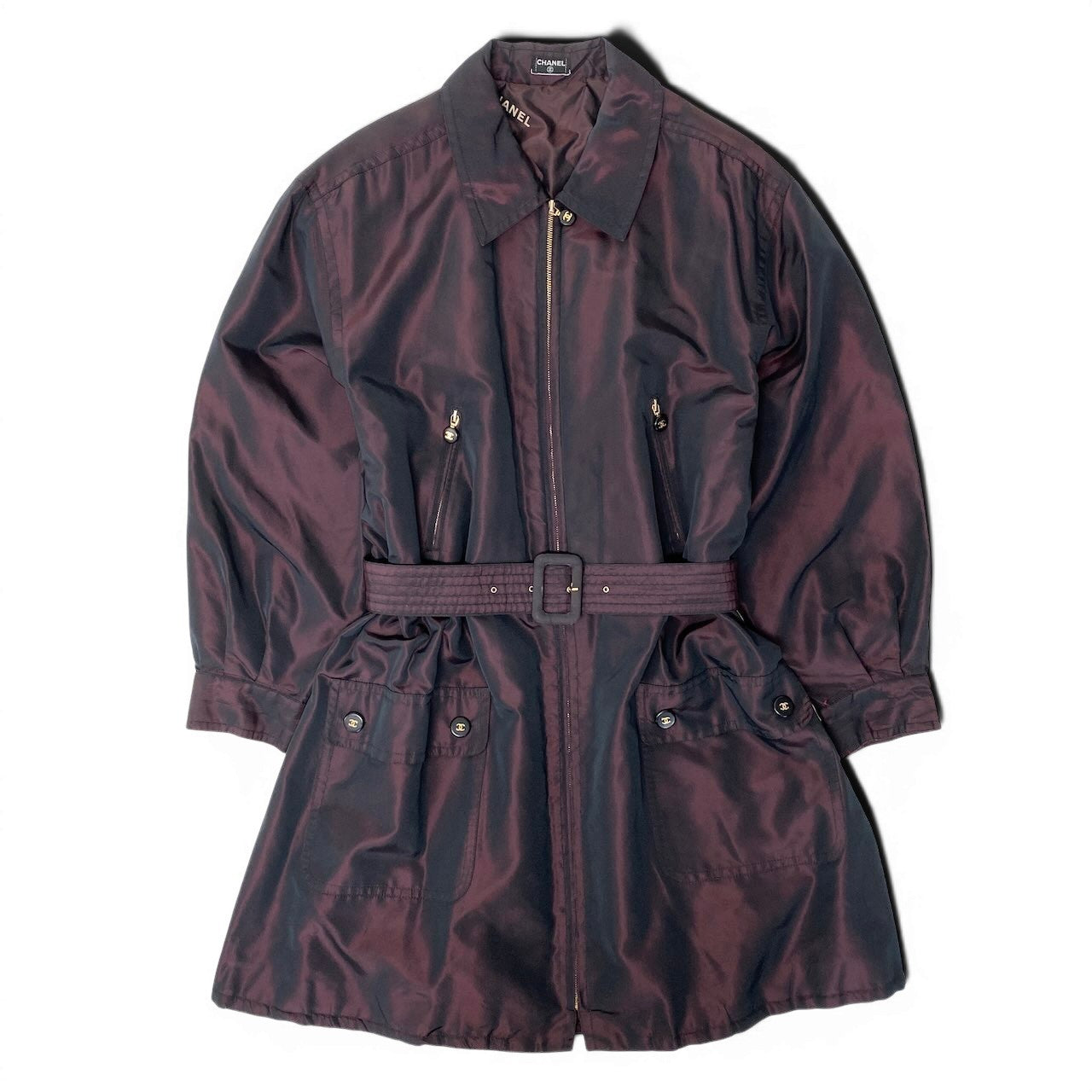 Cf9 CHANEL シャネル ヴィンテージ ココボタン シルクタフタコート Vintage CC Silk Taffeta Coat ボルドーt18r