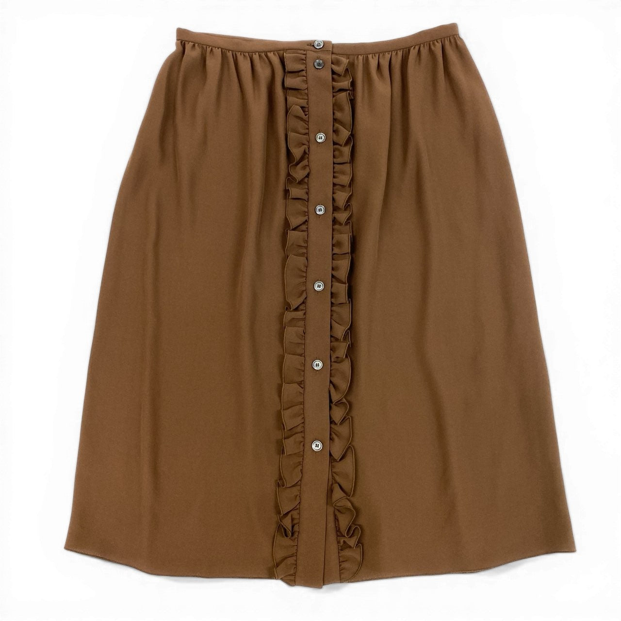 Ed7 CELINE セリーヌ シルクスカート 膝丈スカート フリル フロントボタン サイズ38 ブラウン シルク100％ レディース 女性用o07t