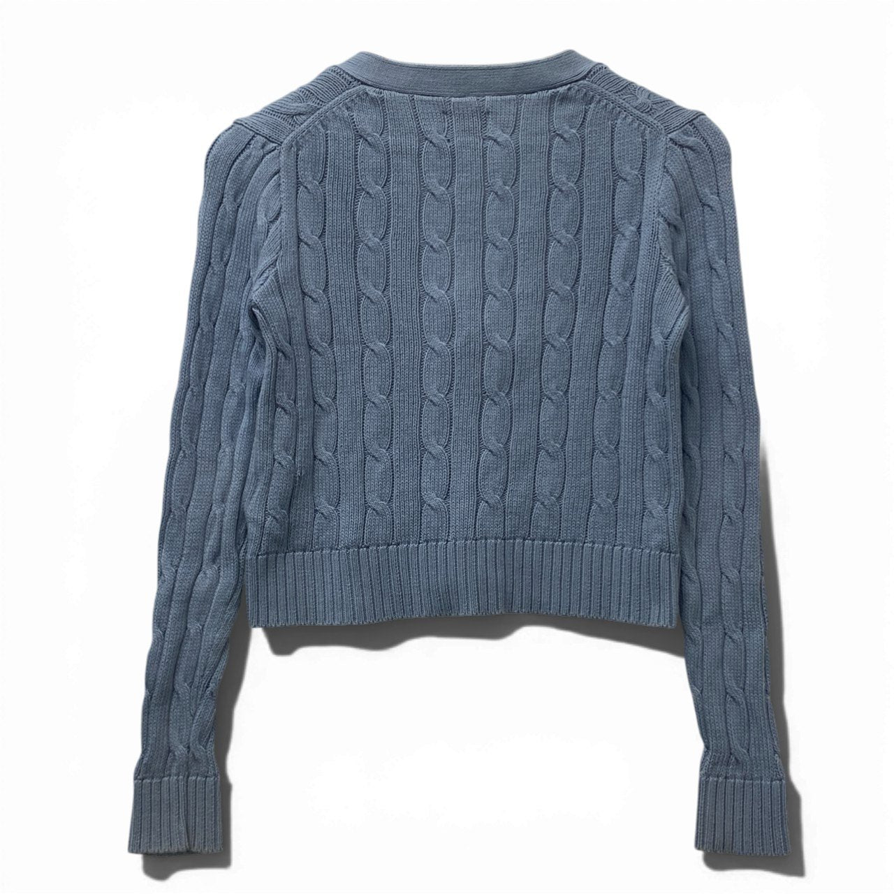60b10 POLO RALPH LAUREN ポロラルフローレン ケーブルカーディガン ニットセーター トップス 胸元ロゴ刺繍 Sサイズ ブルー コットン100％ レディース 女性用u02t