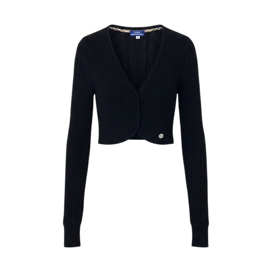 72g4 BURBERRY LONDON BLUE LABEL バーバリーロンドン ブルーレーベル ローゲージ ニットカーディガン ボレロ ロゴプレート サイズ38 ブラック レディースo07t