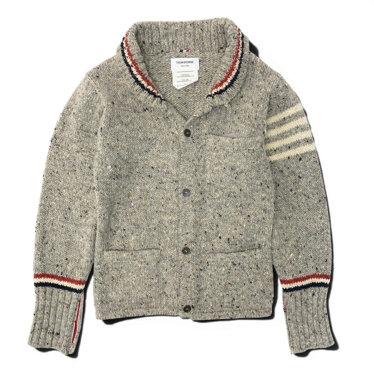 68e19 THOM BROWNE. トムブラウン 11aw ROLL SHAWL CARDIGAN トリコロール ショールカラー カーディガン 01113D7011 サイズ0 グレー系 ウール100％ メンズ 紳士服u02t