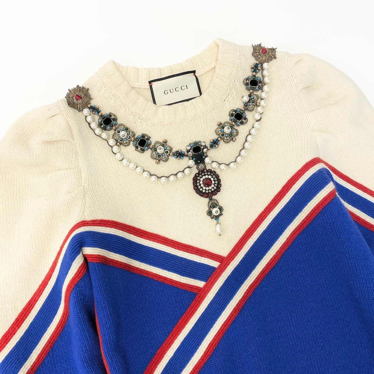 Id20 GUCCI グッチ 装飾ニットセーター パールビジュー刺繍 トップス イタリア製 Mサイズ マルチカラー ウール100％ レディース 女性用nu1
