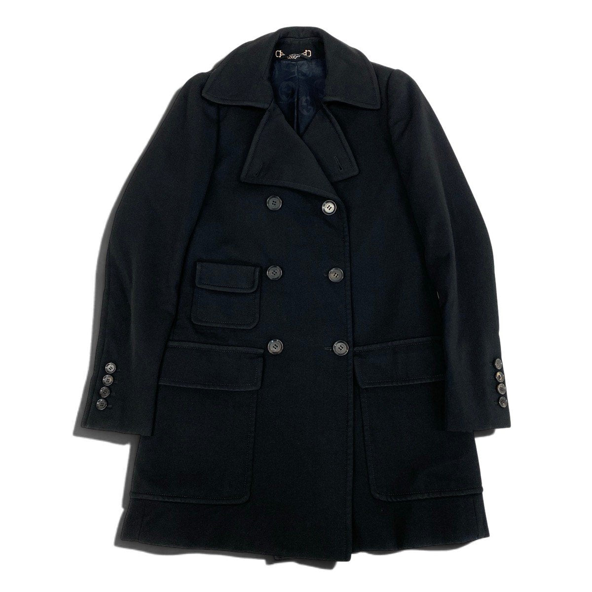 i27 GUCCI ダブルブレストピーコート ノッチドラペル アウター イタリア製 40サイズ ブラック レディース 女性用u02t