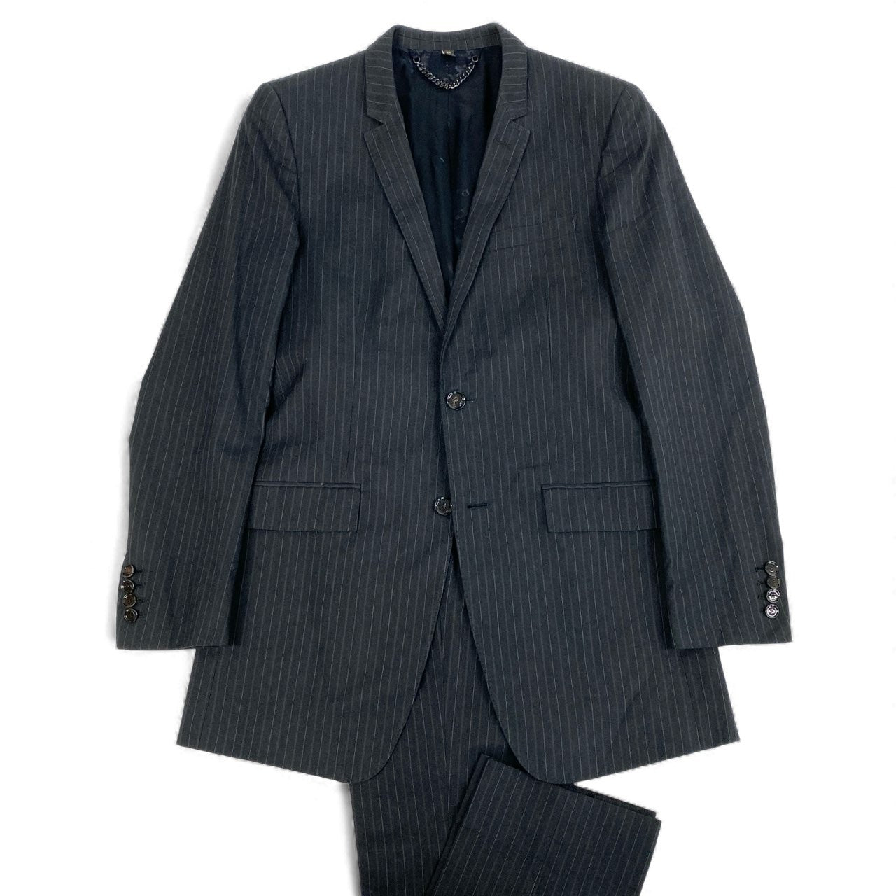 68L11 BURBERRY バーバリー イタリア製 コレクションライン シングルスーツ セットアップ 裏地ロゴ総柄 46 ブラック ストライプ ウール メンズ 男性用u02t