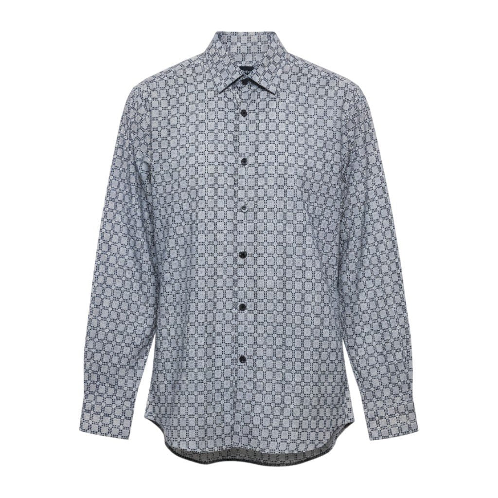 24j14  GIORGIO ARMANI 長袖シャツ 総柄シャツ メンズシャツ コットンシャツ イタリア製 38/15 グレー ネイビー 綿100％ メンズ 男性用u02t