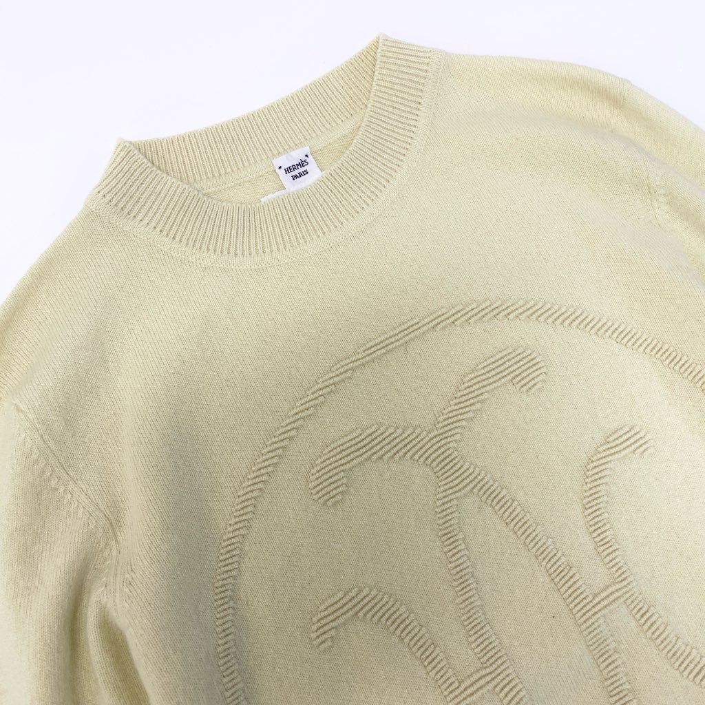 29a9 HERMES エルメス Hリフト クルーネック ニットセーター カシミヤニット フロントロゴ  レディース 女性用 2H2631D1 36 イエロー系 カシミア100％o07t