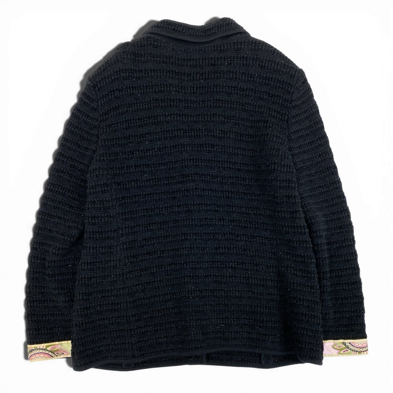 58a21 LEONARD FASHION レオナール ニットジャケット テーラードジャケット ラメニット 裏地花柄プリント レディース 女性用 大きいサイズ LL ブラックu02t