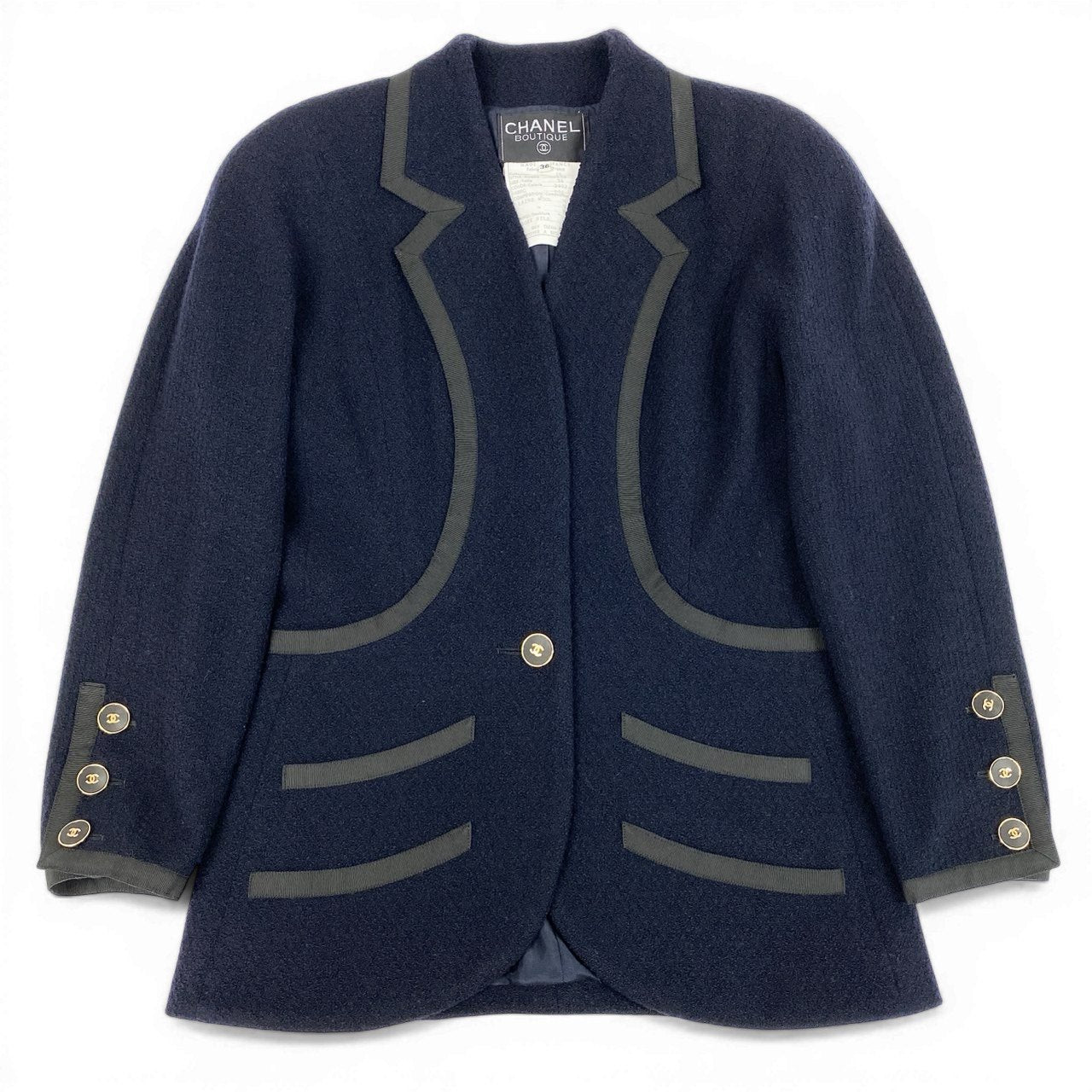 Cd9 Vintage CHANEL シャネル 1990 ツイードジャケット テーラードジャケット ココマーク 21178 36 ネイビー ウールu02t