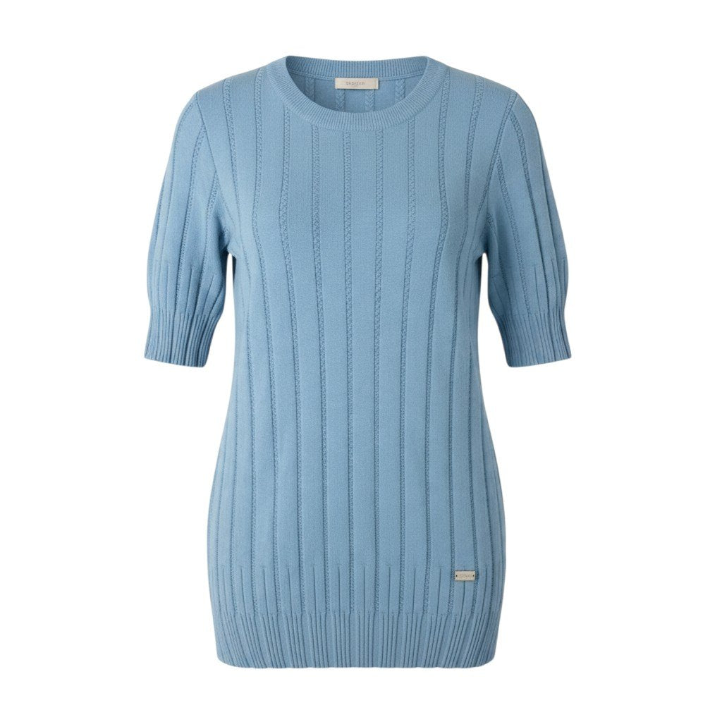 30j27 FOXEY BOUTIQUE フォクシー STRATA 半袖ニット トップス ロゴプレート 41268 サイズ38 ブルー レディースu02t