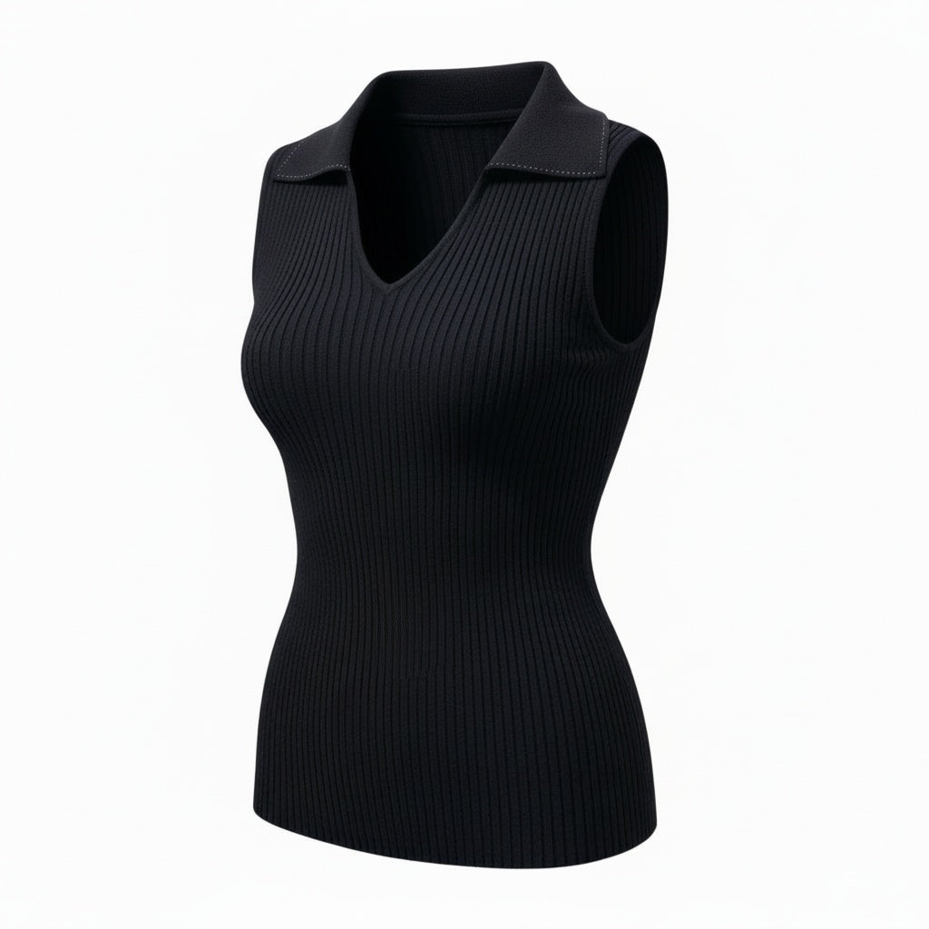 75b26 FOXEY フォクシー ノースリーブリブニットセーター 襟付きVネックニット トップス 40819 38サイズ ブラック 画像参照 レディース 女性用u02t